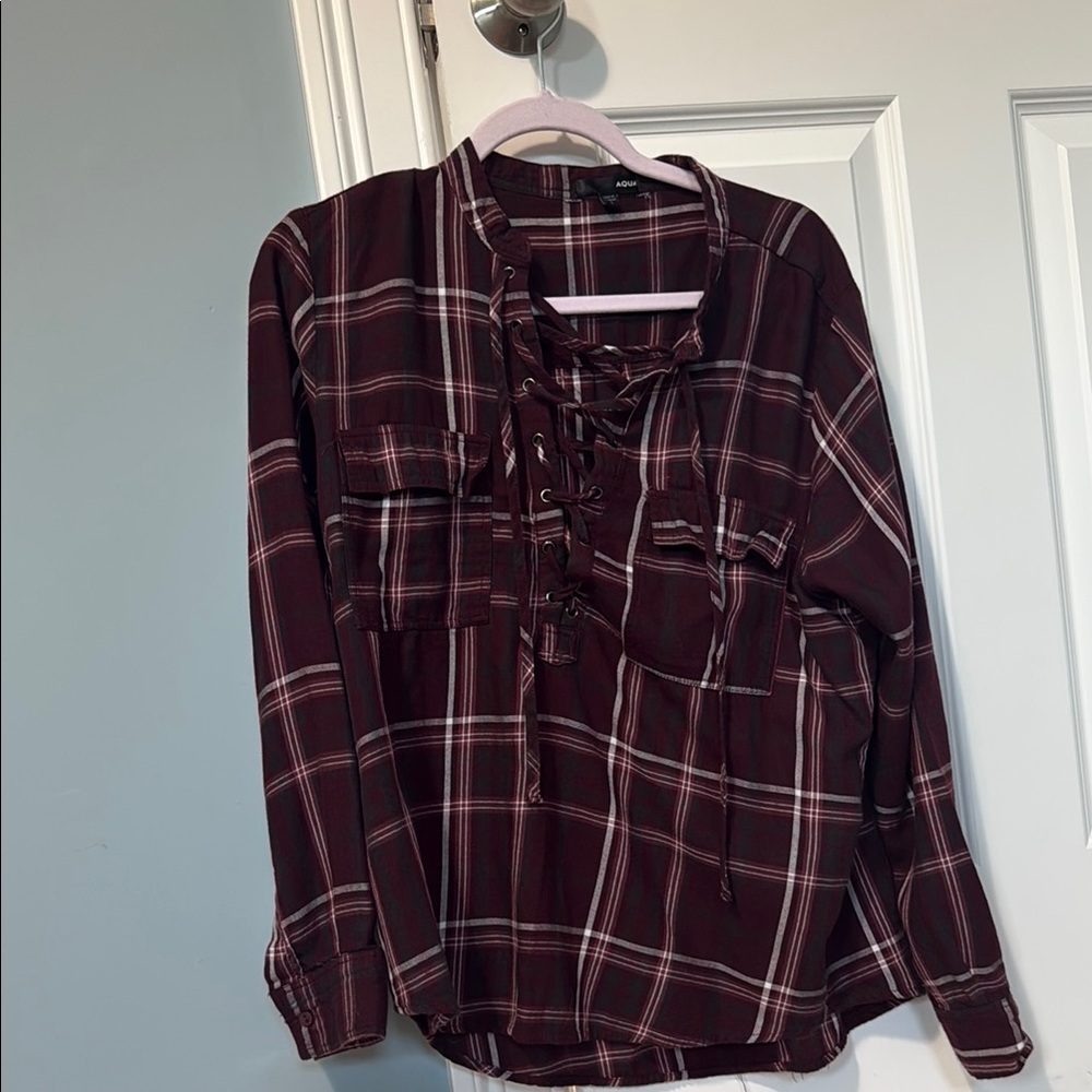 Aqua Burgundy Plaid Lace-Up Top